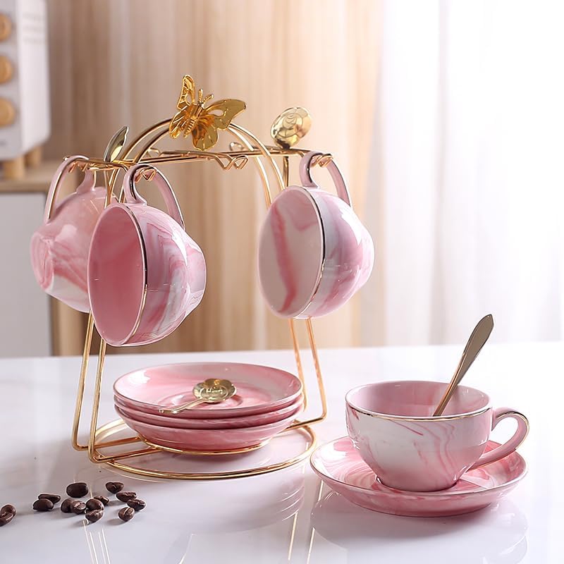 Ceramic Espresso Cups Set with Saucers and Metal Stand, 4 oz Porcelain Stackable Cappuccino Cups Teacup For Tea, Espresso, Latte, Coffee, Cafe Mocha (Pink - Image 2