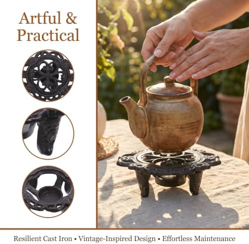 Cast Iron Teapot Warmer Stand for Tea Light Candle, Black - Image 3