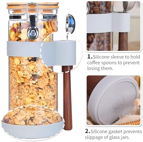 KKC Nut Storage Container Airtight Glass Jar 1500ml 50 oz - Airtight Pantry Storage Canister with Bamboo Lid, Silicone Protective Sleeve & 1 TBSP Long Wooden Handle Spoon for Walnut Almond Pecan - Image 5