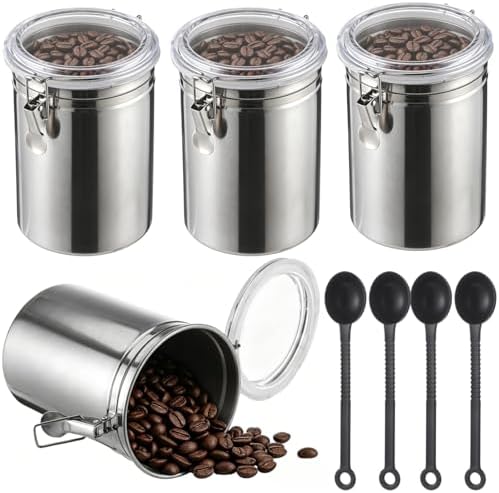 4 Pcs Stainless Steel Canister Set with Spoons, Coffee Storage Container with Clear Airtight Lids and Secure Lock Buckles, 4.9 x 7.1 in, for Coffee Beans, Sugar, Tea, Grains, Flour, Snack by LUMINFLY