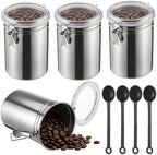 4 Pcs Stainless Steel Canister Set with Spoons, Coffee Storage Container with Clear Airtight Lids and Secure Lock Buckles, 4.9 x 7.1 in, for Coffee Beans, Sugar, Tea, Grains, Flour, Snack by LUMINFLY