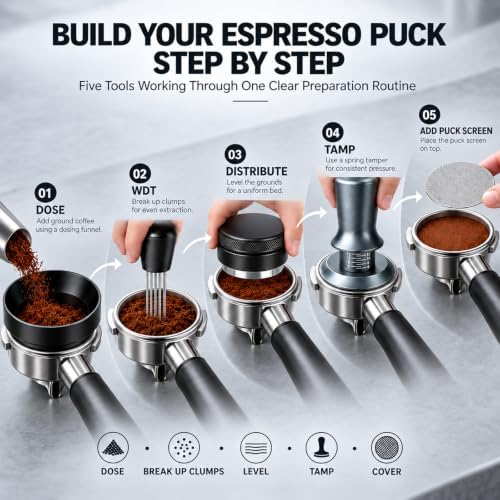 51mm Espresso Accessories Kit, 8PCS Coffee Tamper Set with Wooden Station, WDT Tool, Distributor, Puck Screen, Dosing Funnel, Brush & Latte Art Pen Complete for 51mm Portafilter Home Barista - Image 6