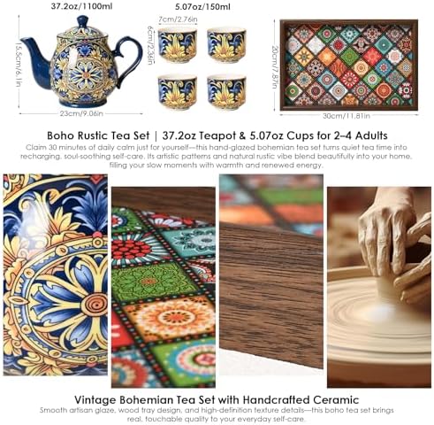 ACMLIFE Tea Sets for Adults, Ceramic Teapot Set with Cups for 4, Boho Tea Set with Tray, Vintage Floral Fine China Tea Set, Bohemian Gift for Mother's Day, Blue and White (blue) - Image 4