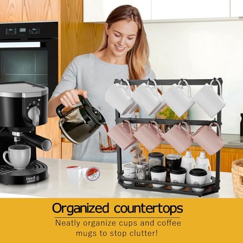 Coffee Mug Holder with Movable Hooks,16 Capacity Coffee Cup Holder for Countertop, Metal Mug Tree Holder Rack with Storage Base,Home Storage Mug Organizer adjustable Heights (Black) - Image 2