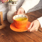 Ceramic Tea Cups and Saucers Set of 6 (7 oz),Ceramic teacup set,Bohemian Ceramic Coffee Cup embossed design,Suitable for tea, milk, coffee - Image 6