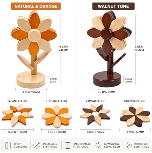 Sunflower Trivets for Hot Dishes, 5Pc Wooden Tree Trivet Stand Set - Image 2