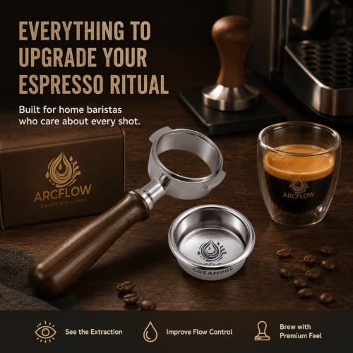 58mm Bottomless Portafilter with ARCFLOW 18g Convex Basket & Solid Walnut Handle, 304 Stainless Steel Naked Espresso Portafilter for E61 Group Head, La Marzocco & More - Image 4
