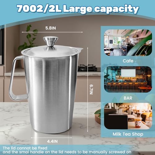 70 oz Stainless Steel Pitcher with Lid, Metal Measuring Cup with Marking with Handle, 2 L Large Mouth Graduated Beakers, Milk Frothing Jug for Espresso Machines, Latte Art, Iced Tea, Hot/Cold Water - Image 2