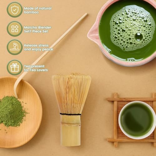 7 PCS Japanese Household Matcha Tea Kit for Traditional Tea Ceremony, with Handcrafted Bamboo Whisk Matcha Scoop Matcha Stand Matcha Bowl for Tea Lovers(Spraying powder) - Image 6