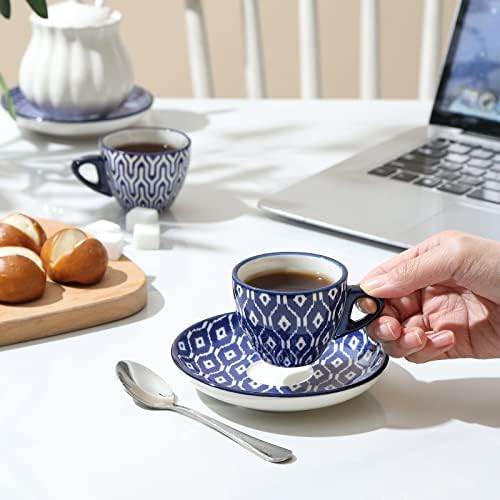 Selamica Ceramic 2 oz Espresso Cups, Small Expresso Coffee Cup Set with Saucers, Porcelain Mini Demitasse Cups for Latte Mocha Tea, Set of 6, Vintage Blue - Image 2