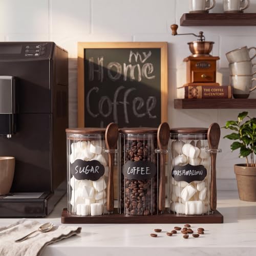 Set of 3 Glass Coffee Container with Bamboo Lids Spoons Labels 25 oz Clear Airtight Jar Food Storage Canister Set for Coffee Tea Sugar Decorative Countertop Organization Jars(Walnut) - Image 2