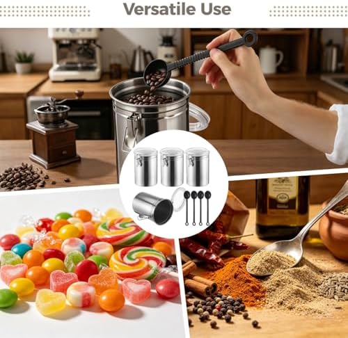 4 Pcs Stainless Steel Canister Set with Spoons, Coffee Storage Container with Clear Airtight Lids and Secure Lock Buckles, 4.9 x 7.1 in, for Coffee Beans, Sugar, Tea, Grains, Flour, Snack - Image 4