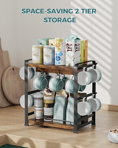 OROPY Coffee Mug Holder Countertop, Mug Rack 2 Tier Shelf & 14 Mug Hooks - Image 6