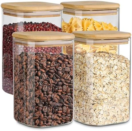 Glass Storage Containers with Airtight Bamboo Lids Set of 4,Pantry Food Storage Container,Perfect for Kitchen Organization-Flour, Rice, Pasta, Sugar, Coffee Beans, Accessories Included (4 packs(50oz)) by EQEYBRAND