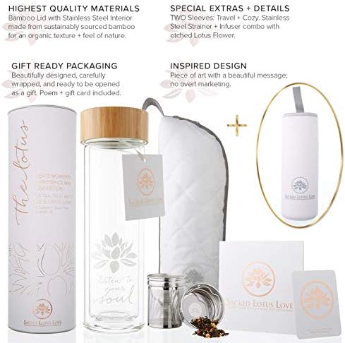 Sacred Lotus Love Double-Walled Glass Tea Tumbler with Infuser and Strainer 15oz - Perfect for Loose Leaf Tea, Cold or Hot Water Bottle, Fruit Drinks - Comes with Travel Sleeve and Cozy - Image 5