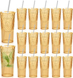 16 Set Vintage Tumbler with Lid and Straw, Iced Coffee Cup, Amber by Acellegic