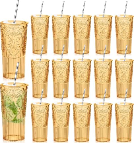 16 Set Vintage Tumbler with Lid and Straw, Iced Coffee Cup, Amber by Acellegic