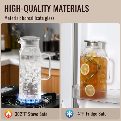 2 Pack 2 Liter/68 oz Square Glass Pitcher with Lid, Classic Stripes Water Pitchers with Handle for Fridge, Large Jug for Iced Tea, Borosilicate Glass Carafe for Hot/Cold Brew Drink, Silver - Image 4