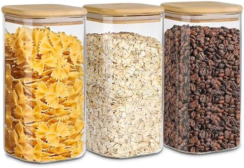 Glass Storage Containers with Airtight Bamboo Lids Set of 3,Pantry Food Glass Jar with Lid,Perfect for Kitchen Organization-Flour,Rice,Pasta,Sugar,Coffee Beans,Accessories Included (3 packs(68oz)) by EQEYBRAND