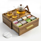 Acacia Wood Tea Bag Organizer with Storage Drawer | 8 Compartments Tea Caddy with Pattern Carving & 2 Ceramic Absorbent Coasters | Wooden Teabag Holder Tea Organizers for Countertop (Acacia) by Unknown