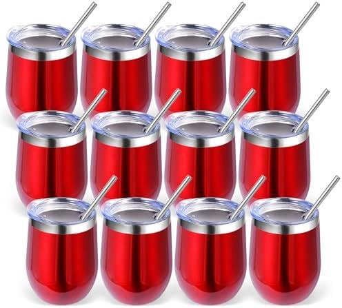 Volhoply 12oz Stainless Steel Wine Tumbler with Lid Bulk 12 Pack,Double Wall Vacuum Stemless Wine Glasses,Reusable Metal Travel Coffe Mug with Straw,Insulated Cup Gifts for Women,Christmas（Red,12 Set） by LiveFully%EF%BC%8CDrinkFreely%E2%80%94KeepGoingwithVolhoply%EF%BC%81