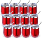 Volhoply 12oz Stainless Steel Wine Tumbler with Lid Bulk 12 Pack,Double Wall Vacuum Stemless Wine Glasses,Reusable Metal Travel Coffe Mug with Straw,Insulated Cup Gifts for Women,Christmas（Red,12 Set） by LiveFully%EF%BC%8CDrinkFreely%E2%80%94KeepGoingwithVolhoply%EF%BC%81