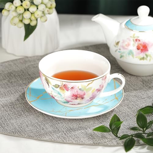 fanquare Pink Floral Teapot, Tea Cup and Saucer Set with Gold Trim, Porcelain Tea for One Tea Set for Gift, Blue - Image 5
