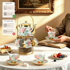 20 Piece Porcelain Tea Set with Metal Holder European Floral Pattern Tea Pot Tea Cup Tea Saucer Teaspoon for Women Adult Party Large Version - Image 3
