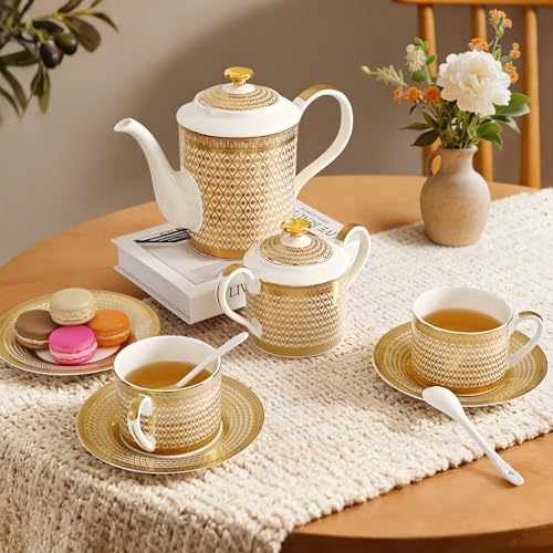 Luxury White & Gold Embossed Tea Cups and Saucers with Teapot, Sugar Bowl, & &Creamer, Vintage European Porcelain Coffee Set for Tea Party, Wedding, Gift (Gold, 17pcs/set) - Image 3