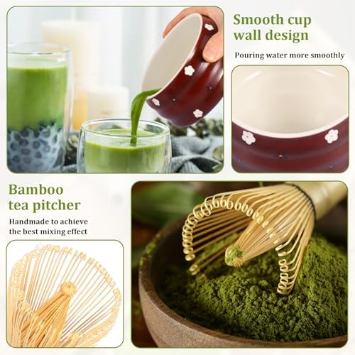 Matcha Tea Making Tool Set Elegant Matcha Whisk Set with Bowl Whisk Holder Scoop and Scoop Holder for Tea Lovers Present(dark red,5 pieces) - Image 5