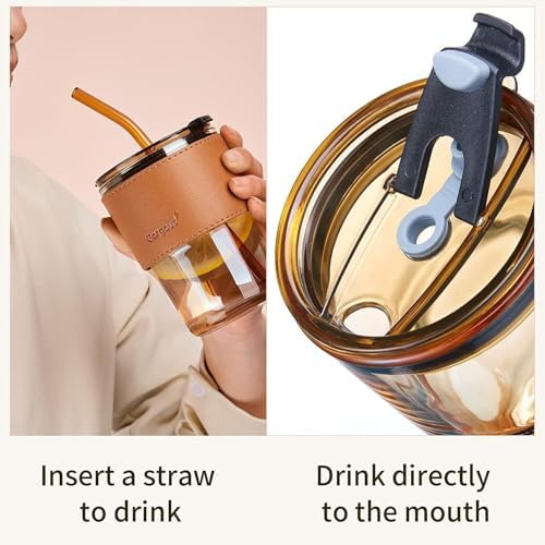 Glass Tumbler with Straw & Leather Sleeve – Reusable, Thick Borosilicate Glass Coffee Cup with Handle Grip | 400ml Iced Coffee Mug | with extra steel straw and straw cleaning brush - Image 3