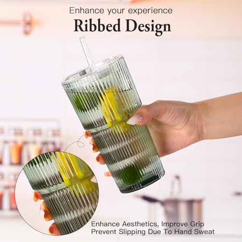4PCS Green Ribbed Glass Cups with Lids and Straws, 20oz Vintage Drinking Glasses, Aesthetic Iced Coffee Cups, Glass Tumbler for Boba, Beer, Tea, Cocktails, Green Ribbed Glassware Set - Image 3
