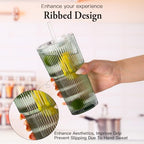 4PCS Green Ribbed Glass Cups with Lids and Straws, 20oz Vintage Drinking Glasses, Aesthetic Iced Coffee Cups, Glass Tumbler for Boba, Beer, Tea, Cocktails, Green Ribbed Glassware Set - Image 3