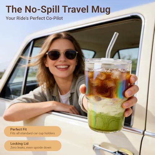 Luxfuel 16oz Glass Tumbler with Lid & Straw, 4 Pack Iced Coffee Cups - Image 4