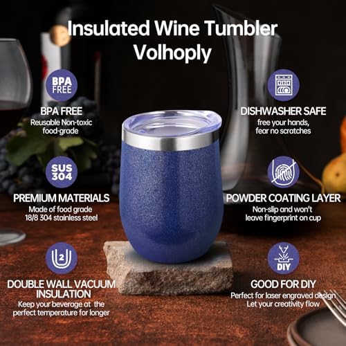 Volhoply 12oz Stainless Steel Wine Tumbler with Lid Bulk 8 Pack,Double Wall Vacuum Stemless Wine Glasses,Reusable Metal Travel Coffe Mug with Straw,Insulated Cup Gifts for Women,Christmas（Navy,8 Set） - Image 3