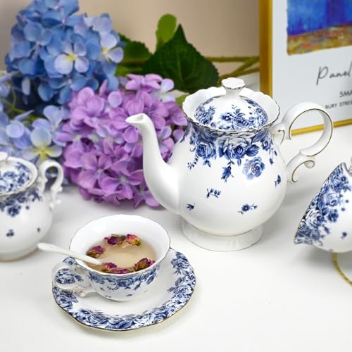 Bone China Tea Set for Adults, 13-Piece Blue and White Porcelain Tea Set for 4, Vintage Floral Tea Set With Teapot and Teaspoons, Tea Party Sets for Women Gift (Blue C) - Image 4