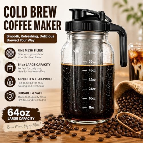 Cold Brew Coffee Maker Glass 64 Oz Mason Jar Pitcher With Stainless Steel Filter,Heavy Duty Glass Mason Pitcher With Spout Lid for Iced Coffee,Tea And Lemonade (Yellow Handle Cover,64 oz) - Image 2