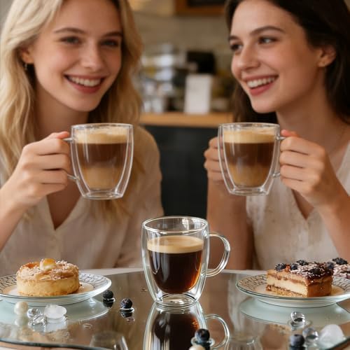 Etolies 6 Pack Double Walled Glass Coffee Mugs with Handle,12oz Borosilicate Glass coffee Cups - Insulated Clear Mugs for Espresso, Cappuccino, Latte, Tea Beverages, Drinking Glasses - Image 3