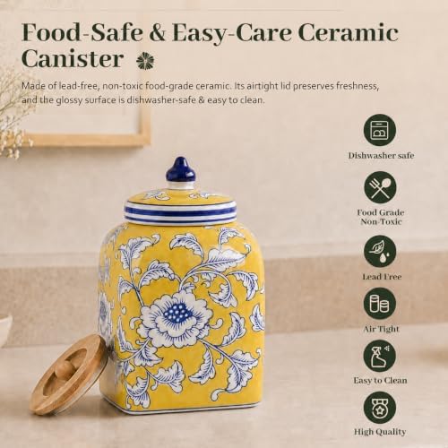 Ceramic Tea Canister with Airtight Lid, 10" H Kitchen Decor Jar for Loose Leaf Tea & Coffee Bean Storage, Hand-painted Chinoiserie Ginger Jars for Home Decor, 121 fl oz - Yellow Peony - Image 7
