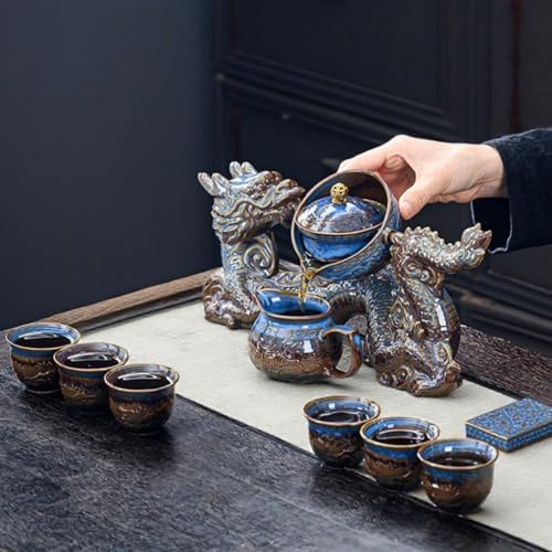 Chinese Gongfu Tea Set - Ceramic 360 Rotating teapot with Infuser, 6Cups, Semi Automatic Dragon Design for Loose Leaf Tea - Image 6