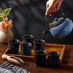 Layhit Japanese Asian Tea Set for Adults with 1 Teapot 6 Cups 1 Tray, 22 oz Traditional Portable Japanese Kiln Altered Glaze Porcelain Tea Set for Women Mother's Day Gifts(Blue) - Image 4
