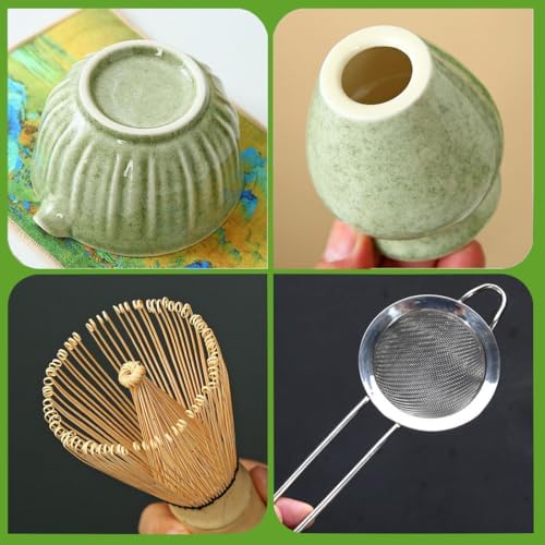 Matcha Whisk Set, 14oz Ceramic Matcha Bowl with Spout, Bamboo Whisk, Whisk Holder, Scoop, Sifter - 8Pcs Elegant Matcha Set for Gifting and Personal Use Bright Green - Image 5