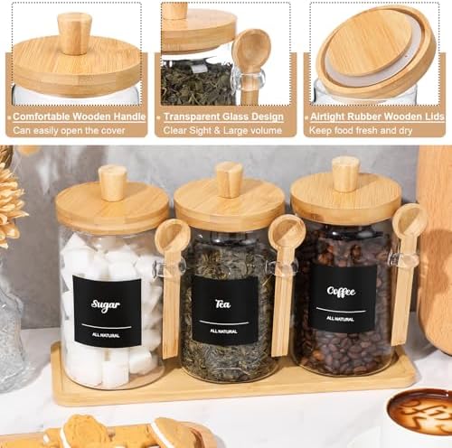 Suclain 3 Pcs Glass Coffee Container Set, 25 oz, Natural Bamboo - Image 3