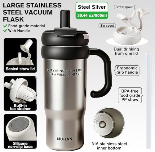 MUHAN 30oz Insulated Tumbler with Handle, Stainless Steel Water Bottle, Travel Mug (Steel Silver-316 stainless steel inner（Lid+tea strainer+Straw+handle）, MUHAN 30oz Insulated Tumbler with Handle) - Image 2
