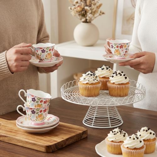 3oz Small Tea Cups & Saucers Set of 6, Floral Espresso Cups With Scalloped Edge, Ceramic Demitasse Cup for Coffee, Latte, Espresso Shot Mug for Espresso Machine, Women Gifts for Mother's Day, Birthday - Image 4