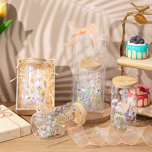 Mumufy 12 Sets Wildflower Cute Glass Cups with Lids Straws Bulk, 16 Oz - Image 5