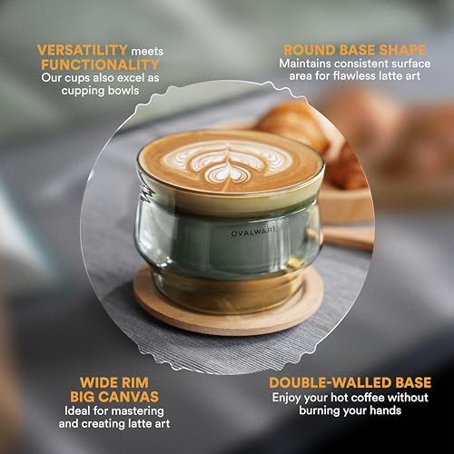 ovalware 8.5oz Double Wall Latte Cups, Latte Set of 2 Sized Cups with Wide Rim for Artistic Designs - Stealth Gray and Espresso Pouring Glass Set of 2 | Double-Wall 2.7oz/80ml Shot Measuring Cup - Image 5