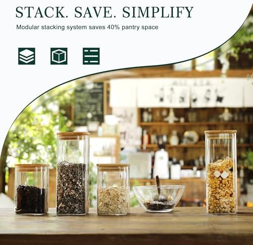 LIBWYS 12-Pack Square Glass Storage Jars with Bamboo Lids (0.6Qt/1.06Qt) - Stackable Food Containers for Pantry Organization, Coffee, Flour, Snacks, Tea | Kitchen Canisters Set - Image 4