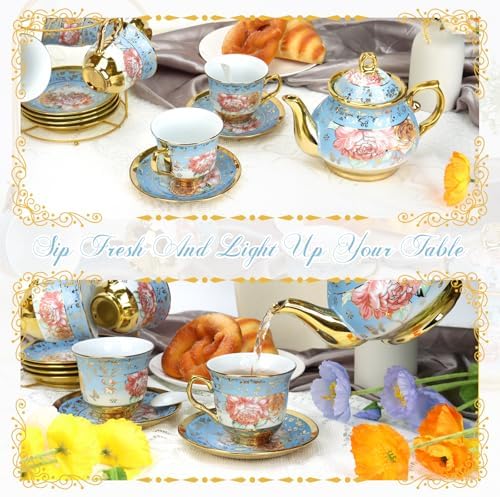 ALIMOTA 20 Pcs Porcelain Tea Set with Metal Holder and Spoon, European Ceramic Tea Set for Adults, European Flower Painting Teapot Cup Saucer Spoon Set for 6, Gift Pack (Blue) - Image 3