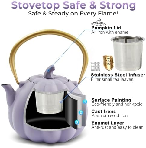 Pumpkin Cast Iron Teapot with Infuser - 40oz Japanese Iron Tea Kettle with Enamel Interior, Cute Halloween Teapot for Loose Tea & Coffee, Stainless Steel Filter, Stove Safe (Purple) - Image 3